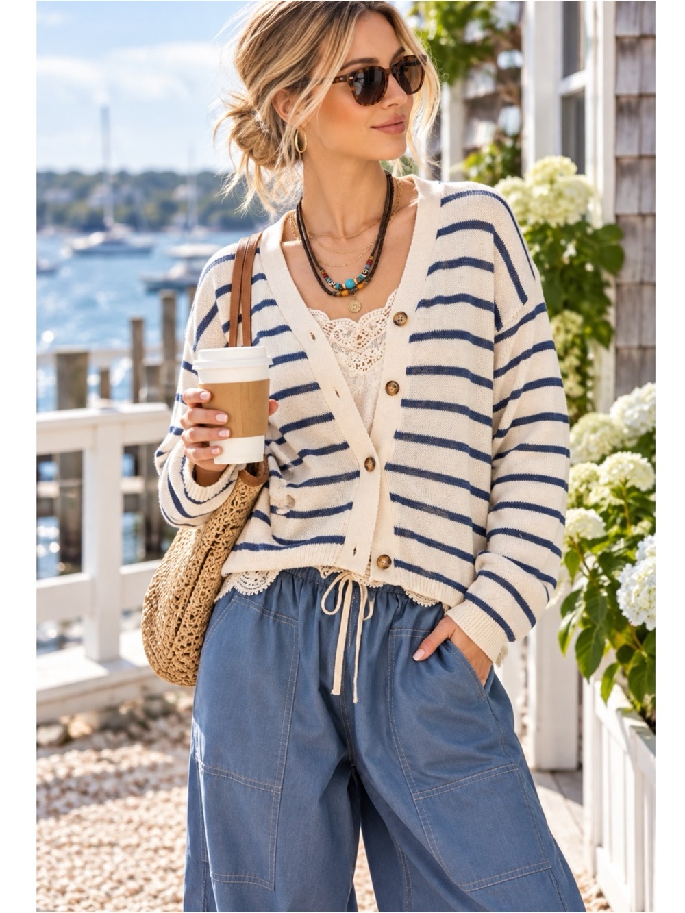 La Miel Coastal Striped V-Neck Cardigan Sweater – Cream & Navy Women’s small new